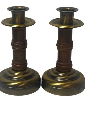 VTG HOMCO Antiqued Brass and Wood Candlesticks Pair Classic Mid Century Modern